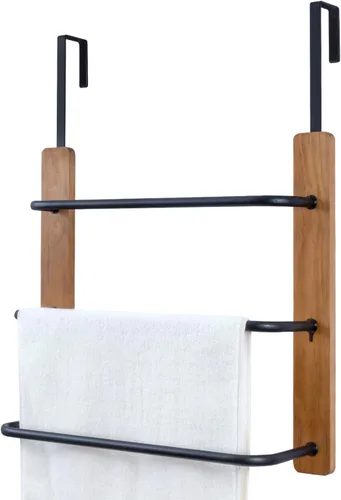 MyGift Toallero para colgar sobre la puerta del baño, organizador rústico de almacenamiento de toallas de madera maciza quemada, barra de toalla de