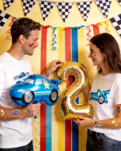 Miniatura 3 de 216 tatuajes temporales rápidos para decoraciones de fiestas temáticas de autos de carreras, 2 calcomanías rápidas y 2 de estilo curioso, tatuajes