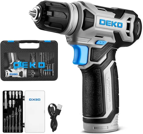 Miniatura 7 de Taladro inalámbrico DEKOPRO de 8 V, juego de taladro con mandril sin llave de 3/8 pulgadas, 42 piezas de accesorios, LED incorporado, cable de carga