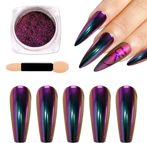 Miniatura 8 de Polvo de uñas cromado camaleón rojo y morado, efecto espejo mágico metálico, holográfico, reflectante, pigmento cromado, para uñas, diseño AB