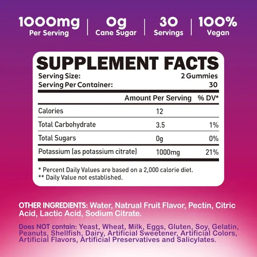 Miniatura 4 de duwhot Gomitas de citrato de potasio de 1000 mg, suplemento de potasio para adultos, mujeres y hombres, ayuda a calambres en las piernas y la salud