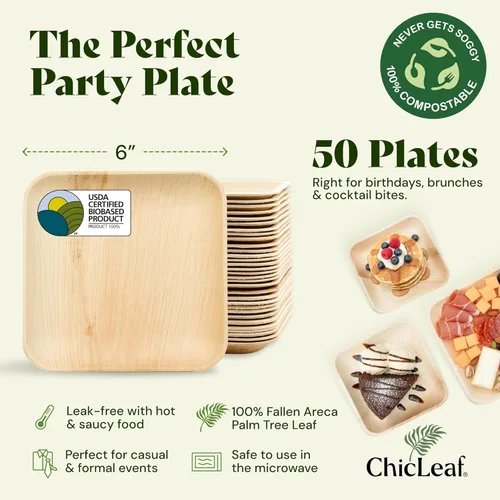 Miniatura 2 de Chic Leaf Platos Compostables de Hoja de Palma - 6" Cuadrados, Paquete de 50 - Vajilla Desechable para Comida Navideña, Platos de Aperitivo Rústicos