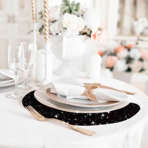 Miniatura 4 de Juego de 4 manteles individuales negros de cuero brillante con purpurina de 15.4 pulgadas para decoración de fiestas, bodas, día de Acción