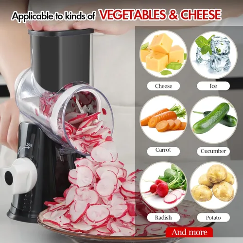Miniatura 8 de Ourokhome rallador giratorio de queso con manivela manual, triturador de cocina con rebanador de mandolina de velocidad y raspador de hielo con Negro
