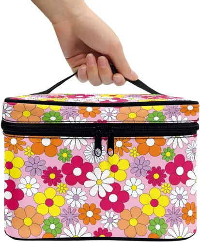 Miniatura 3 de 60S Groovy Hippie Flower Pink Pattern Travel Makeup Bags for Women Portable Tote Cosmetic Case with Carry Handle Toiletry Accessories Storage