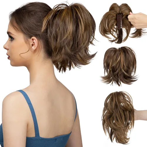 Miniatura 37 de CJL HAIR - Extensiones de cabello con pinza de garra para cola de caballo corta, trenza desordenada, sintéticas, maleables, para mujeres, cabello