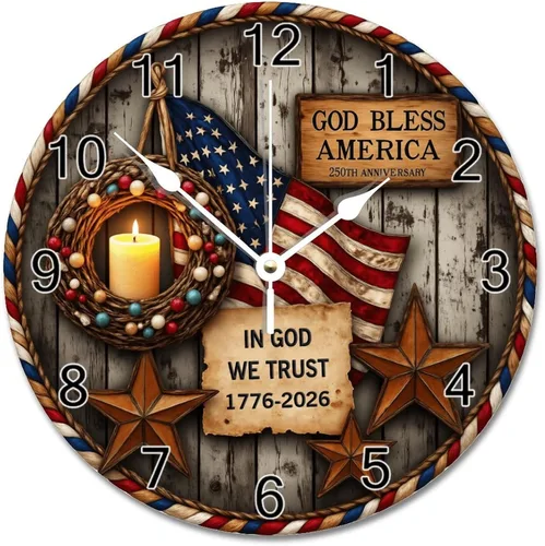 ArogGeld God Bless America USA 250th Anniversary Clock 250 Years of Freedom 1776-2026 Wooden Wall Clocks Battery Operated 10 Inch Men Cave Home