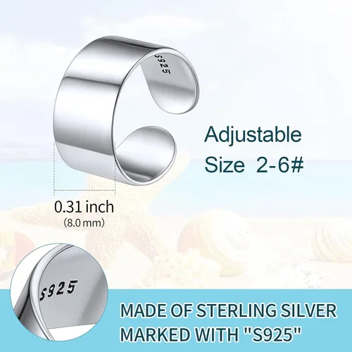 Miniatura 3 de ChicSilver Anillo de plata de ley 925, anillo de banda ajustable hipoalergénico, Plata de ley