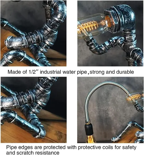 Miniatura 4 de Lámpara de mesa Steampunk, robot de tubería de agua, estilo industrial vintage, lámpara de mesa de escritorio para mesita de noche, cafetería, bar