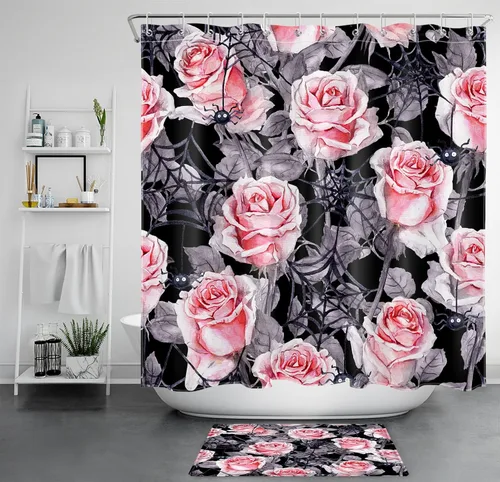 Miniatura 25 de LB Cortina de ducha de feliz Halloween para baño, flamenco rosa y calabaza naranja con sombrero mágico, cortina de ducha de tela con ganchos, juego