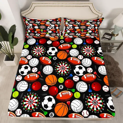 Miniatura 2 de Juego de sábanas de pelota de béisbol, baloncesto, voleibol, para niños, adolescentes, fútbol americano, rugby, sábana bajera ajustable, para dardos