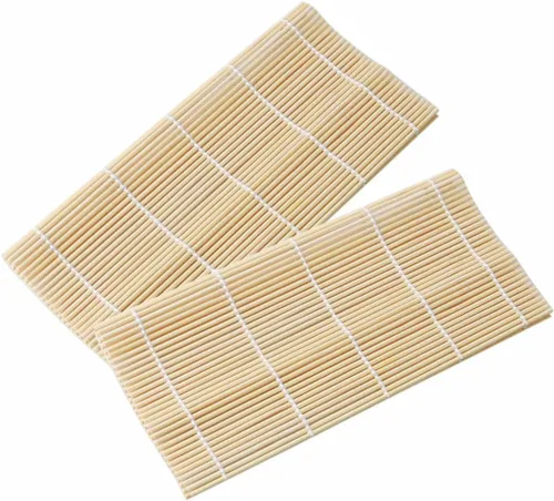 Miniatura 2 de GARASANI Paquete de 2 kits de fabricación de sushi de bambú, 2 tapetes de bambú natural, 1 cepillo de cocina, 9.4 x 9.4 pulgadas (beige)