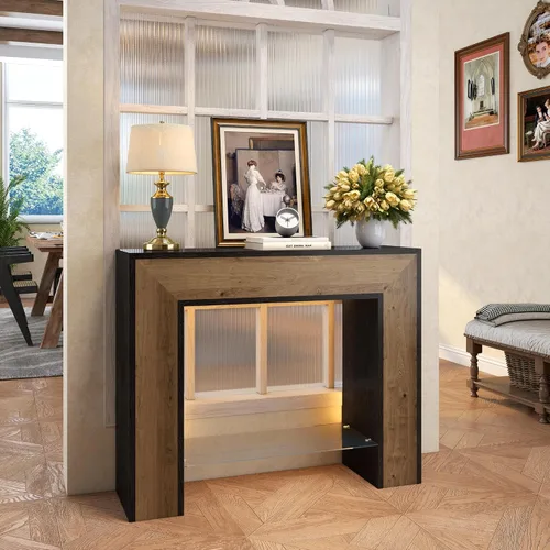 Miniatura 11 de Mesa de entrada de 41 pulgadas con luz LED, mesa consola de madera de granja detrás del sofá, mesa de sofá rústica estrecha para sala de estar, mesa
