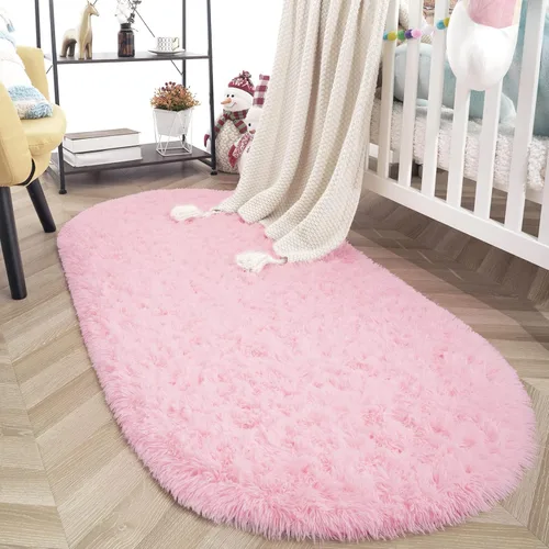Miniatura 15 de ISEAU Alfombra ovalada esponjosa, moderna de felpa lanuda para dormitorio de niños, extra cómoda, bonita, alfombra de noche para habitación de niños