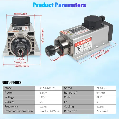 Miniatura 7 de RATTMMOTOR Motor de husillo de 2.2KW 220V cuadrado refrigerado por aire ER20, 24000RPM husillo de alta velocidad 4 rodamientos trifásicos 6A 400Hz
