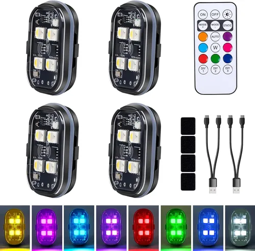Luces LED Estroboscópicas Inalámbricas Mejoradas de 4 LEDs 4 Piezas con Control Remoto, 8 Colores Tipo-C Recargables Luces LED Anticolisión Luz de