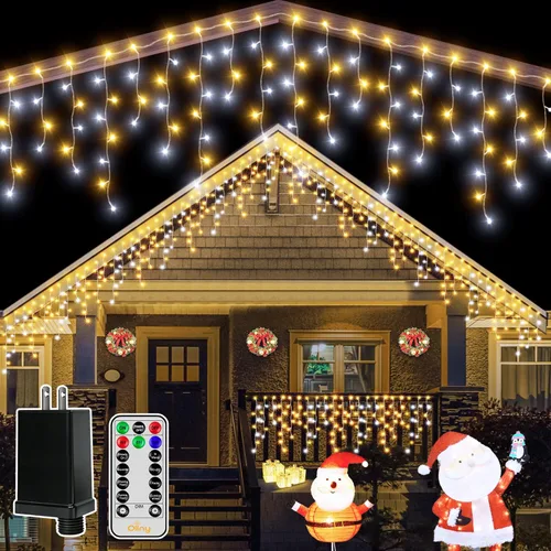 Ollny Luces de carámbano de 504 LED/41 pies, blancas cálidas y frías, con control remoto, 8 modos, temporizadores, impermeables, colgantes y