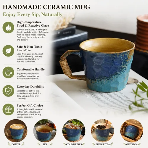 Taza única de estilo vintage japonés retro primitivo, hecha a mano en cerámica con barniz libre de plomo, taza de té artesanal, cómoda asa, taza de