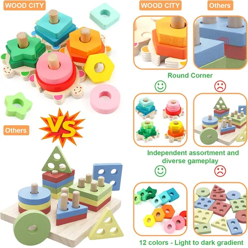 Miniatura 7 de WOOD CITY Juguetes apilables para niños pequeños de 1 a 3 años, clasificador de formas Montessori, juguetes para bebés de 12 a 18 meses