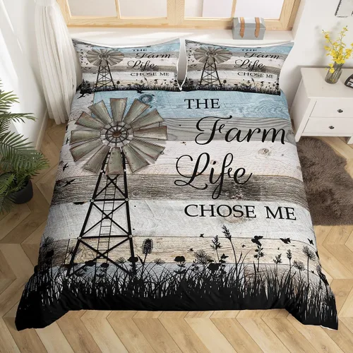 Erosebridal Juego de funda de edredón vintage de molino de viento, tamaño Queen, estilo rústico de granja, estilo vintage, estilo campesino, Multi 13