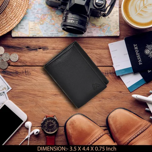 Miniatura 5 de Cartera de cuero RFID hecha a mano para hombres, elegante cartera de bolsillo frontal triple con 2 ranuras para identificación y 9 tarjetas, Negro