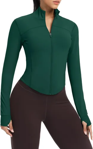 Miniatura 30 de AVGO Chaquetas de entrenamiento recortadas para mujer, con cremallera, ajustadas, atléticas, con agujeros para el pulgar