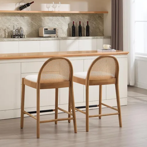 Miniatura 3 de HEAH-YO Taburetes de bar de ratán, juego de 2, taburetes de barra de 26 pulgadas de altura de mostrador con respaldos de ratán y patas de madera