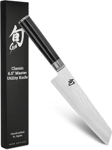 Shun Cuchillo utilitario maestro clásico de 6.5 pulgadas, cuchillo japonés hecho a mano, núcleo VG-MAX con revestimiento de acero inoxidable de Negro