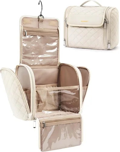 BAGSMART Neceser de viaje para maquillaje con gancho para colgar, bolsa de cosméticos, organizador de gran capacidad, resistente al agua, para Beige