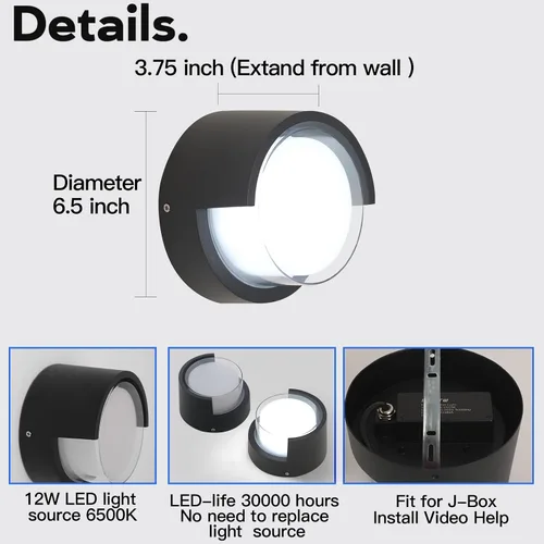Miniatura 2 de Foco de pared moderno para exteriores - Lámpara de pared redonda impermeable para jardín/patio - Luz fría de 6500K 3000K-2 Pack - Negro
