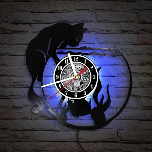 Miniatura 4 de The Geeky Days Reloj de pared con iluminación LED de gato negro con pecera, lámpara de noche para guardería, habitación de niños, gatito juguetón