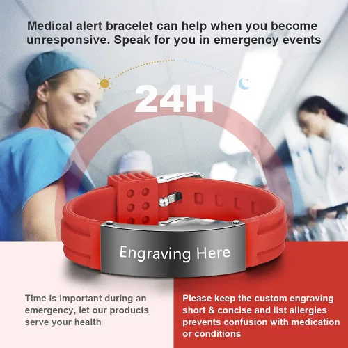 Miniatura 39 de OPALSTOCK Pulseras médicas personalizadas de silicona ajustable para identificación de emergencias, grabado gratuito, 9 pulgadas, resistente al