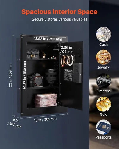 Miniatura 2 de VEVOR Caja fuerte de pared oculta de 3 niveles con huella digital, contraseña, llave y perilla giratoria, Q235 caja de pared de acero laminado