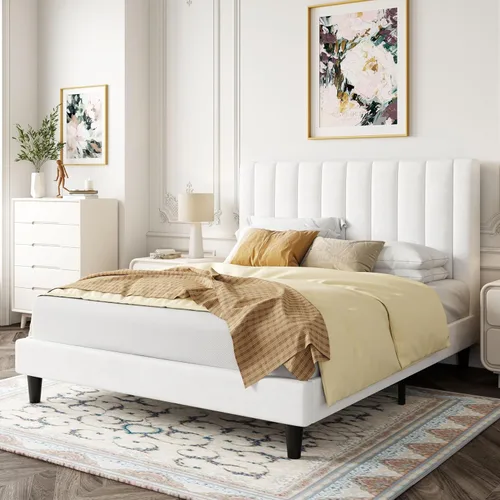 Miniatura 3 de Allewie - Base de cama tamaño Full con cabecera acolchada tapizada en terciopelo y diseño acanalado vertical; plataforma de cama con resistentes