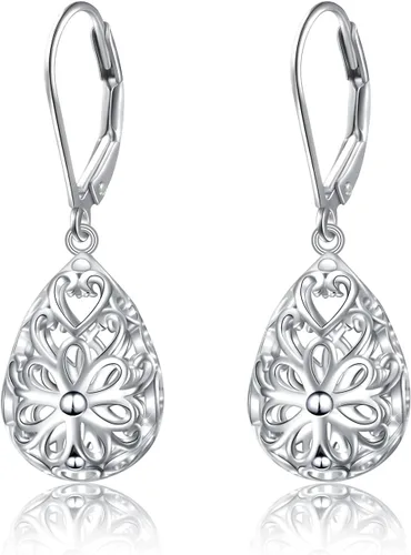 Miniatura 13 de Aretes colgantes de filigrana de plata de ley 925, margarita, loto, flor de rosa, piedra lunar, lágrima para mujer, nudo celta infinito, margarita