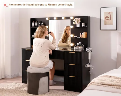 Miniatura 4 de AMERLIFE Escritorio estriado de 47.2 pulgadas con espejo y luces LED ajustables, mesa grande de tocador de maquillaje con 7 cajones con parte Negro