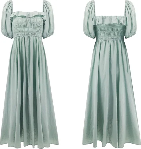 Miniatura 6 de R.Vivimos - Vestidos largos de verano de media manga para mujer, hechos de algodón, con volantes, estilo vintage, elegantes, con espalda descubierta