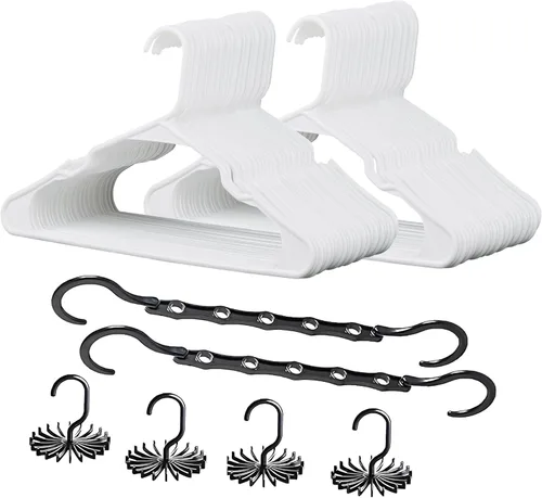 Miniatura 8 de VECELO Paquete de 25 perchas de ropa, colgador de plástico antideslizante, gancho giratorio de 360° y ahorro de espacio para armario de dormitorio