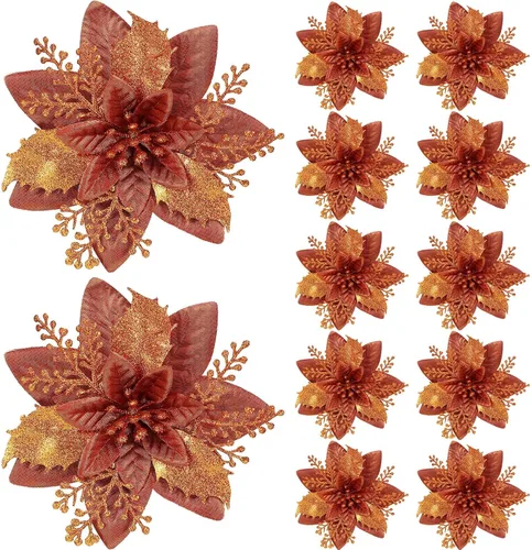 Miniatura 9 de Canlierr 12 piezas flores de Pascua de Navidad de 5.7 pulgadas con purpurina, flores artificiales con clips, adorno de árbol de Navidad para corona