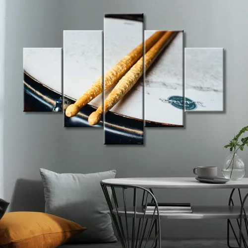 Miniatura 22 de Arte de pared en blanco y negro, kit de batería de jazz morado sobre fondo negro, pinturas de 5 paneles, lienzo, arte de pared para decoración
