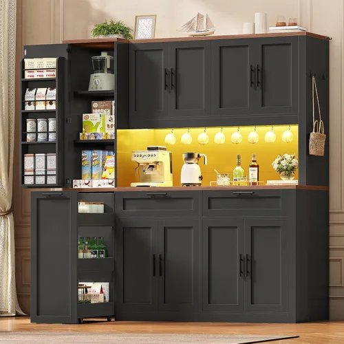 Miniatura 15 de Itaar Armario de despensa de 71 pulgadas con estación de carga y luz LED, armario de despensa de cocina con soporte para microondas, armarios