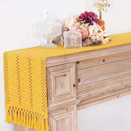 Miniatura 7 de DeZerlor Camino de mesa de macramé de 12 x 60 pulgadas, camino de mesa bohemio de granja con borlas de algodón y lino tejido para mesa de comedor
