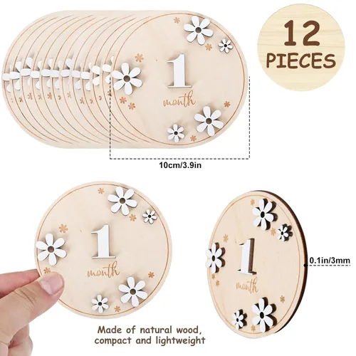 Miniatura 2 de Whaline 12 tarjetas de hito mensual para bebé, discos de marcador de madera con margarita 3D, letrero de anuncio del mes del bebé, letrero