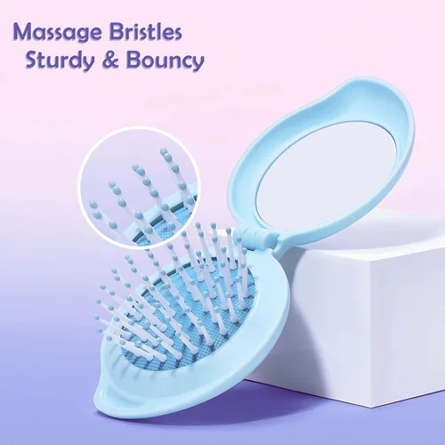 Miniatura 3 de Mini cepillo de pelo con espejo para bolso, relleno de calcetines para mujeres, regalos para adolescentes, espejo pequeño y compacto con cepillo Azul