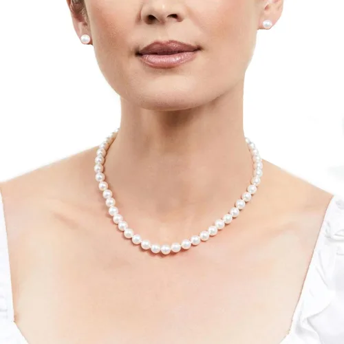 Miniatura 2 de JIBSA 8mm Round Simulated Shell Pearl Necklace Sterling Silver Stud Earring Set - Wedding Bridal Tea Party Jewelry for Women Girls