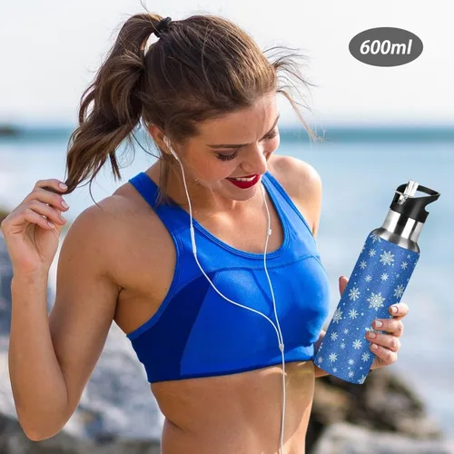 Miniatura 6 de BPA-Free Sport Water Bottle Insulated 32 Oz, Stainless Steel Water Bottle for Gym Outdoor Travel School, White Snowflakes Blue