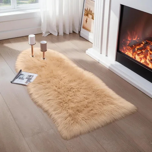 Miniatura 29 de Ciicool Alfombras de Piel de Oveja Sintética Suaves Alfombra de Piel Sintética Suave Beige Alfombra Esponjosa Funda para Silla y Sofá Alfombra