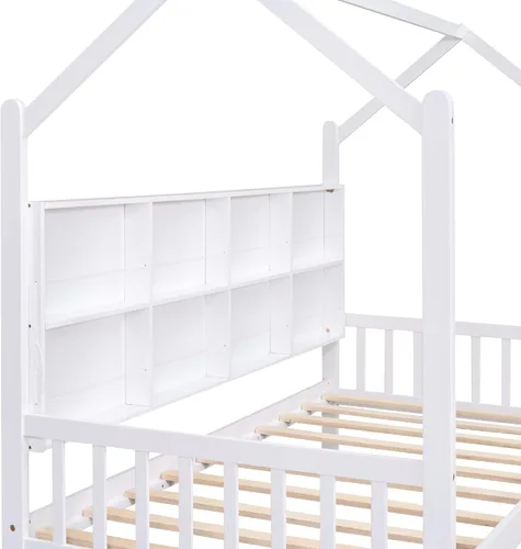 Miniatura 6 de SOFTSEA Cama de casa de tamaño individual para niños, sofá cama de madera con cajones de almacenamiento, marco de cama individual con estantería