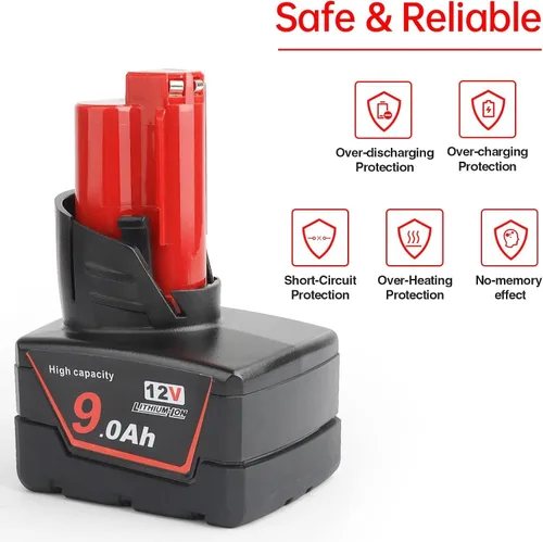 Miniatura 2 de Batería de repuesto de iones de litio de 12 V 9.0 Ah de 12 V compatible con Milwaukee 48-11-0490 48-11-2402 48-11-2411 48-11-2430 48-11-2450