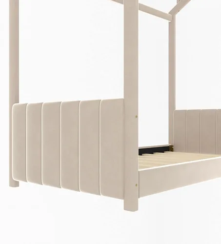 Miniatura 4 de MERITLINE Marco de cama individual para niños, cama Montessori de terciopelo con techo, cama de piso individual de madera para niñas y niños,